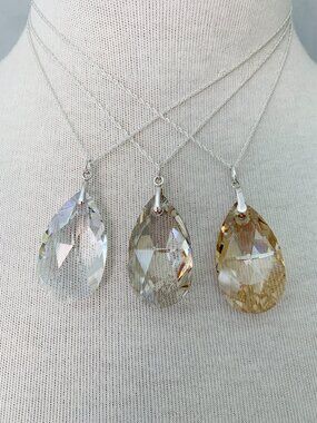 Lot of 3 Swarovski Crystal Teardrop Pendants, Sterling Silver Chain